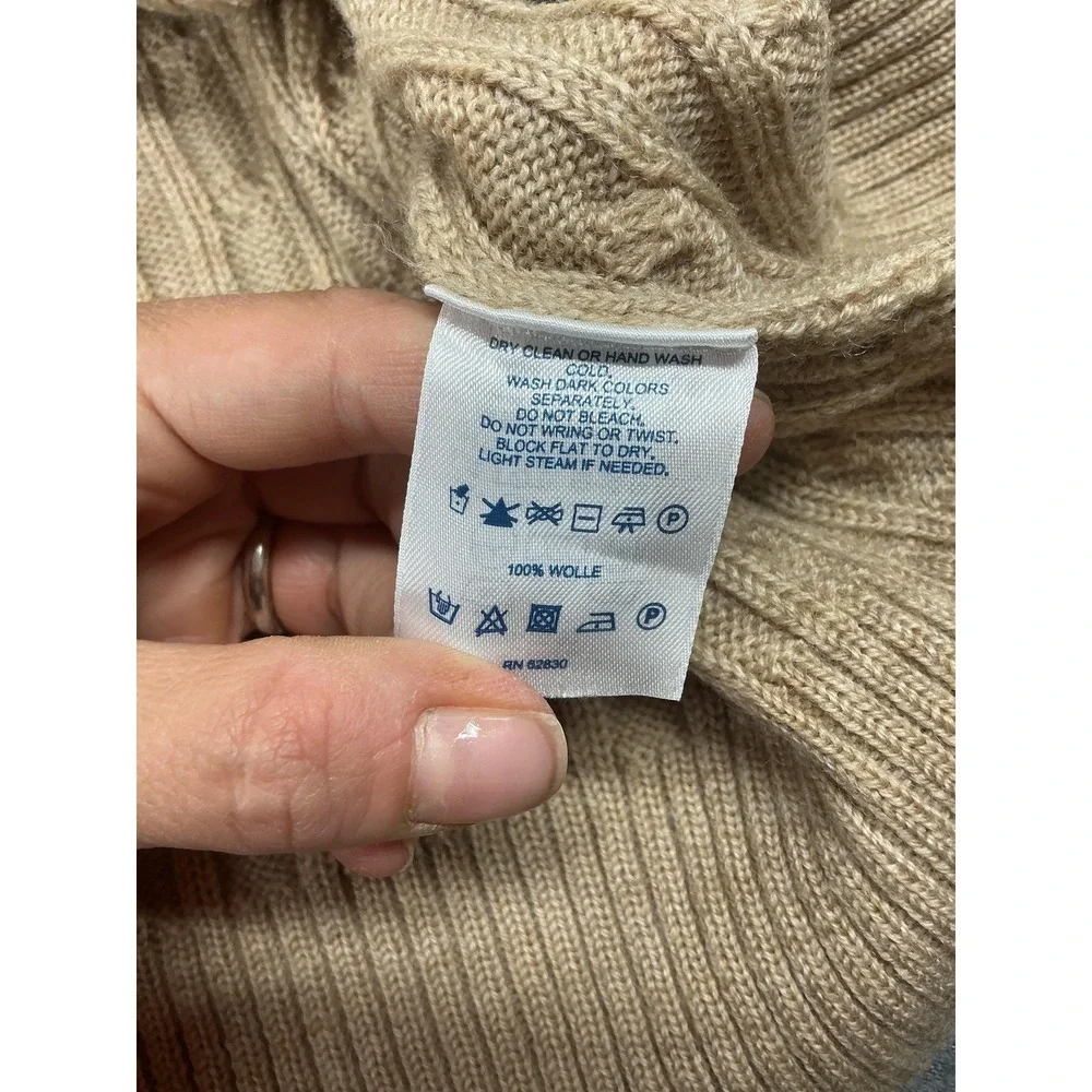 Lands' End Sweater Mens XL Beige Cable-Knit Mock Neck 1/4 Zip Wool Pullover